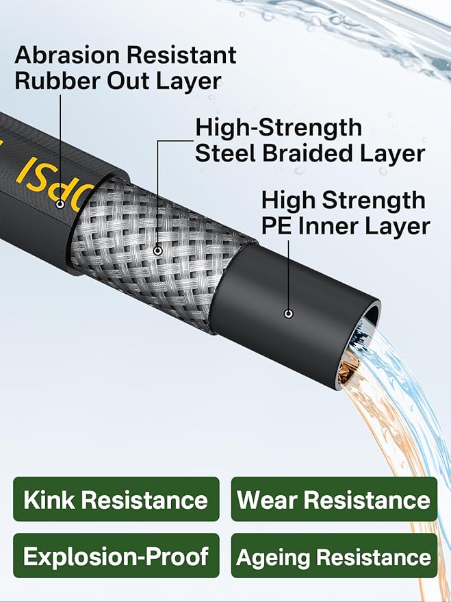 4200PSI Pressure Washer Hose 75FT with 3/8" Swivel Quick Connect for Cold/Hot Water, Kink Resistant Steel Wire Braided, Wear Resistant Power Washer Hose with 2 M22 14mm Adapter Set