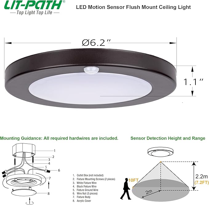 LIT-PaTH LED Flush Mount Ceiling Light, Closet Lighting Fixture with Motion Sensor, 10.5W, 700 Lumen, 6.2 Inch, Anti-Rust Galvanized Housing, Bronze Finish 5000K 4-Pack