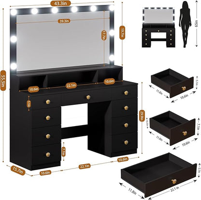 Vanity Desk with Large Lighted Mirror, Makeup Vanity with Power Outlet, 9 Drawers & Storage Shelf, Dressing Vanity Table with 3 Lighting Modes for Women, Girls, Bedroom