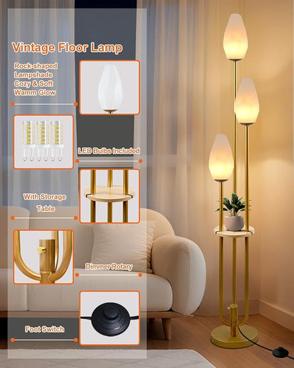 Lightdot Floor Lamp with Tray, 3-Lights Dimmable Floor Lamps with Rock-Shaped Shade, Unique Candle Holder Style Gold Modern Tall Lamp for Living Room/Party/Sofa Beside/Corner Decor(Bulbs Included)