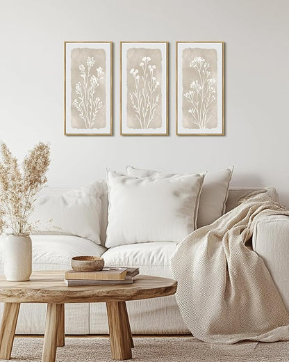 KUVIOKE Vintage Botanical Framed Wall Art White Floral Decor Print Modern Rustic Farmhouse Home Office Kitchen Hallway 8x16in3pcs Natural Framed