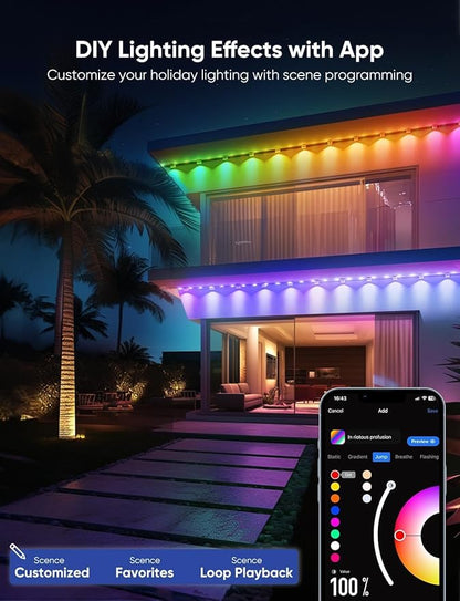 APPECK Permanent Outdoor Lights Pro 150ft, 108W RGBCW Eaves Light with 108 LED Lights, 80lm, Cuttable, 111 Scene Modes, IP67 Waterproof Lighting for Halloween Decoration, Compatible with Alexa, Black