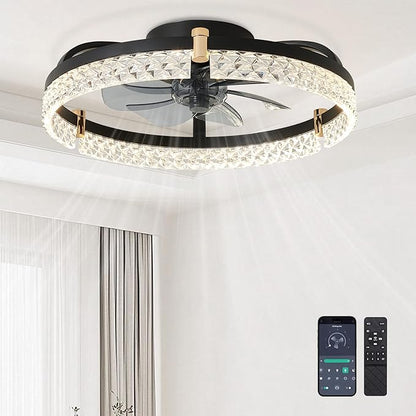DIAMONDFORGE Ceiling Fans with Lights and Remote Fandelier - Low Profile Modern - 20'' Flush Mount Ceiling Fans for Bedroom,Stepless Color Temperature and 6 Speeds- Black and Crystal