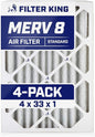 Filter King 4x33x1 Air Filter | 4-PACK | MERV 8 HVAC Pleated A/C Furnace Filters | MADE IN USA | Actual Size: 4 x 33 x .75"