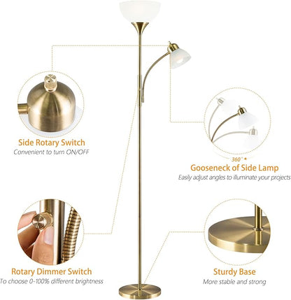 Floor Lamp, Dimmable Standing lamp, Stepless Dimming Brightness, Included 9W and 5W LED Bulbs, Industrial Floor Lamp for Living Room, Bedroom, Office, Reading