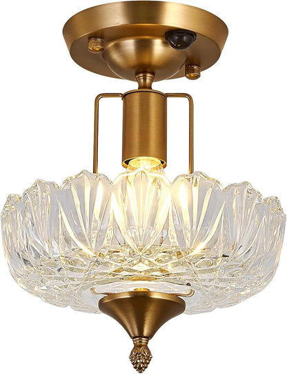 UOFUS Motion Sensor Semi Flush Mount Ceiling Light Gold Hallway Light Fixture with Clear Glass Indoor Small Chandelier for Hallway Entryway Porch Foyer Corridor