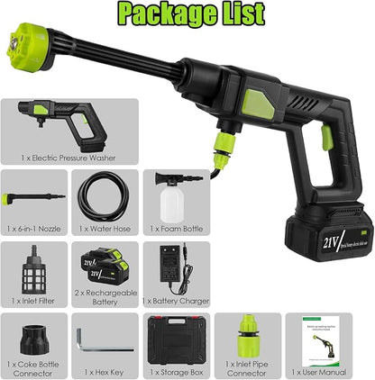 Cordless Pressure Washer 435PSI Portable Electric Power Washer with 6-in-1 Nozzle, Foam Bottle, 21V 15000mAh Battery for Car, Bike, Patio, Outdoor Cleaning