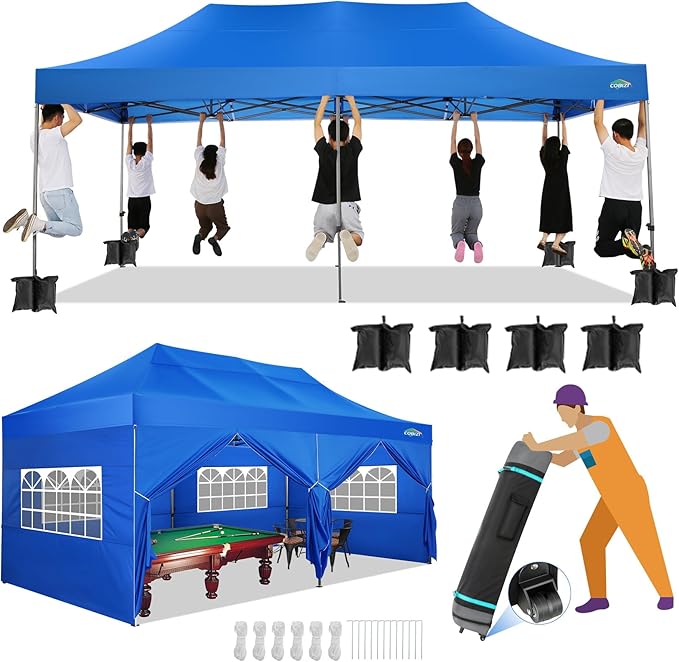 COBIZI 10x20 Canopy with Sidewalls, Heavy Duty Party Tent Pop up carpas para Fiestas, Tents for Parties, Wedding, Outdoor Ez up Foldable Portable Canopy Tent with Wheeled Bag, Blue(Windproof Upgrade)