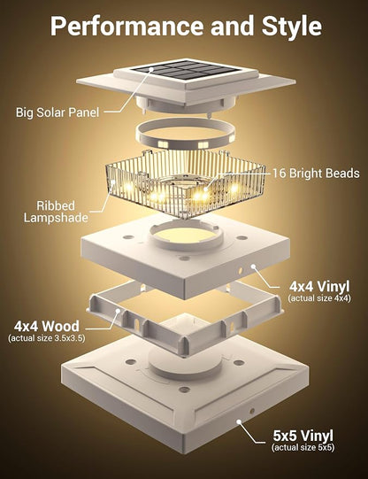 APONUO Solar Post Cap Lights for 4x4 5x5 Fence Posts, IP64 Waterproof Outdoor LED Deck Lights with 2 Modes (Warm White & Cool White), Auto On/Off Dusk to Dawn, Easy Install, White, 16 Pack