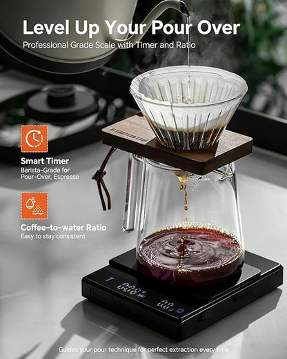 Rechargeable Coffee Scale with Timer - Large Digital Pour-Over Scale, 2kg/0.1g Precision for Espresso Weight, Drip, Auto Tare, Brew Ratio, 3 Modes, 1500mAh for Long Standby, Black