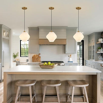 Milk White Glass Pendant Light, Mid Century Modern Ceiling Hanging Lights Fixture with Height Adjustable, Brass Gold Pendant Lighting for Kitchen Island, Hallway, Dining Room, Bedroom(1 Pack)