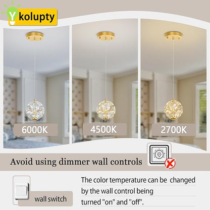 ykolupty Pendant Lights Kitchen Island Crystal Globe Chandelier LED Gold Island Light Crystal Pendant Light for Dining Foyer Entrance