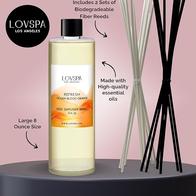 LOVSPA Refresh Sicilian Blood Orange Diffuser Oil - Essential Oils for Diffuser Refill & Air Freshener Room Spray - Long-Lasting & Natural Home Fragrance, Scented Oil for Diffusers, USA Made, 8 oz