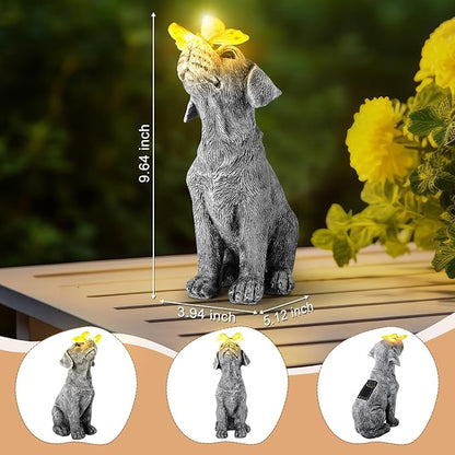 Garden Statues Dog Statue with Solar Butterfly, Ideal Gifts for Friends or Family's Birthday, Outdoor Decorations for Yard