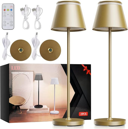 Cordless Table Lamp Set of 2 with Portable USB Rechargeable Dock, LED Wireless Touch Desk Lamps with Remote, 3 Color Stepless Dimmable, for Bedroom Night Lights Dining Outdoor Patio Restaurant
