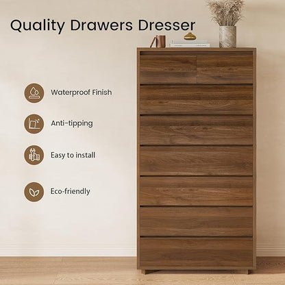 Tall Dresser for Bedroom, 61.1" Tall Dresser with 8 Drawers, Wood Dressers & Chests of Drawers, Accent Upright Drawer Organizers for Closet, Hallway