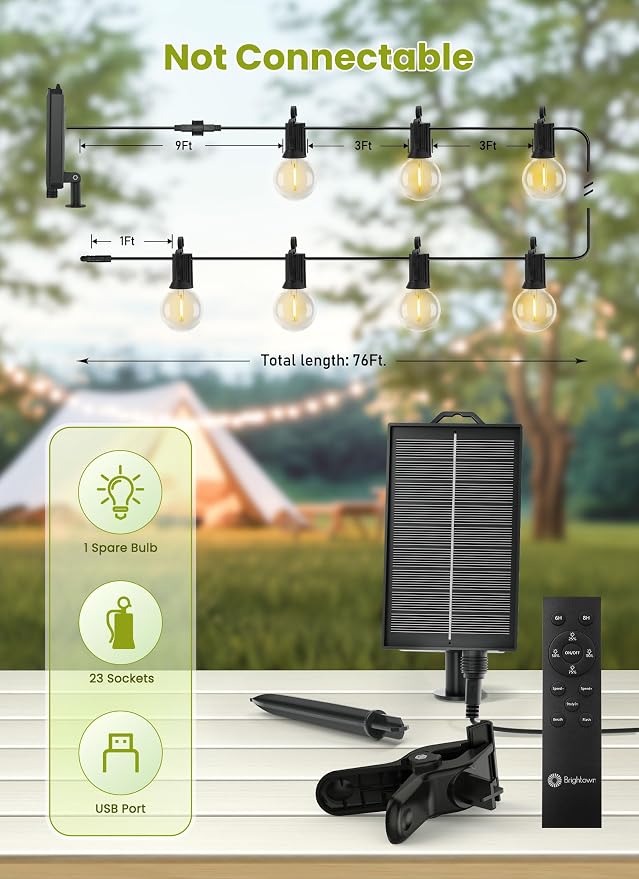 Brightown 76FT Solar String Lights Outdoor Waterproof with Remote, Solar Patio Lights with 23 LED Shatterproof Bulbs, 3 Light Mode, Dimmable & Timer, Hanging String Lights for Porch Garden Bistro