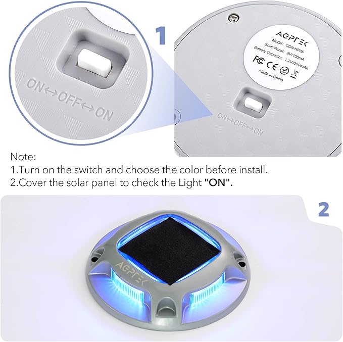 AGPTEK Solar Driveway Lights Outdoor 1 Pack, 2 Color Modes LED Deck Dock Marine Waterproof Security Marker Lights for Step Sidewalk Stair Garden Pathway Walkway Yard(Blue Light/Cool White)