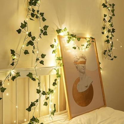 2 Pack 6.56 Ft Green Ivy Leaves Fairy String Lights Battery Operated, 40 LEDs Battery Powered Artificial Garland Plant Vine Fairy Light for Bedroom Wedding Party Holiday Patio Decor（Warm White）