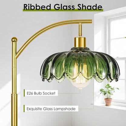 Gold Floor Lamp for Living Room with Remote Control,Unique Vintage Standing Tall Lamp,Mid Century Modern Floor Lamps Arc Green Glass Floor Lamps for Office Corner