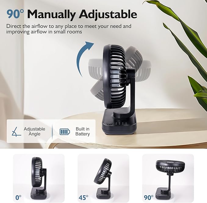 CONBOLA Small Desk Fan for Bedroom, 3600mAh Battery Powered Rechargeable Fan, USB Fan for Desk, 4 Speeds Air Circulator Quiet Table Fan for Home Office, Blue