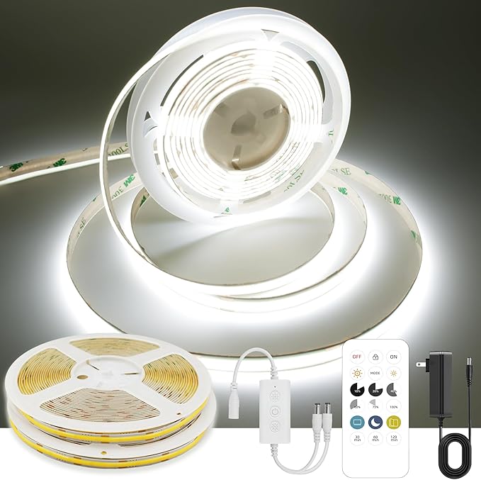 65.6ft White COB LED Strip Light, High Bright LED Strips with 320LEDs, RF Remote and UL Power Supply, 6000K Dimmable LED Lights for Bedroom, Kitchen, DIY Home Decoration, 2 Rolls of 32.8ft