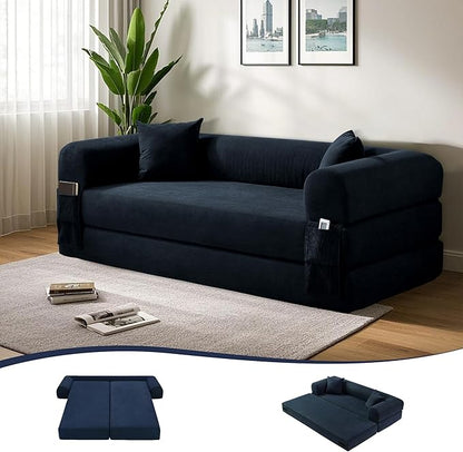 80" Convertible Sofa Bed, 3-in-1 Corduroy Folding Pull Out Couch with Pillows, No Assembly Modern Boneless Couch Compression Sofa in Box, Floor Sofa with Side Storage Pocket for Living Room,Navy Blue