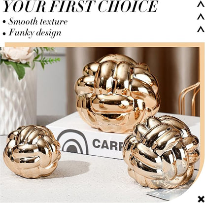 Wenqik Gold 3 Pcs Knot Decor, Chain Link Coffee Table Bookshelf Decor Accents, Entry Table Ceramic Aesthetic Minimalist Decorative Objects for Modern Home Living Room Decoration 3 Sizes