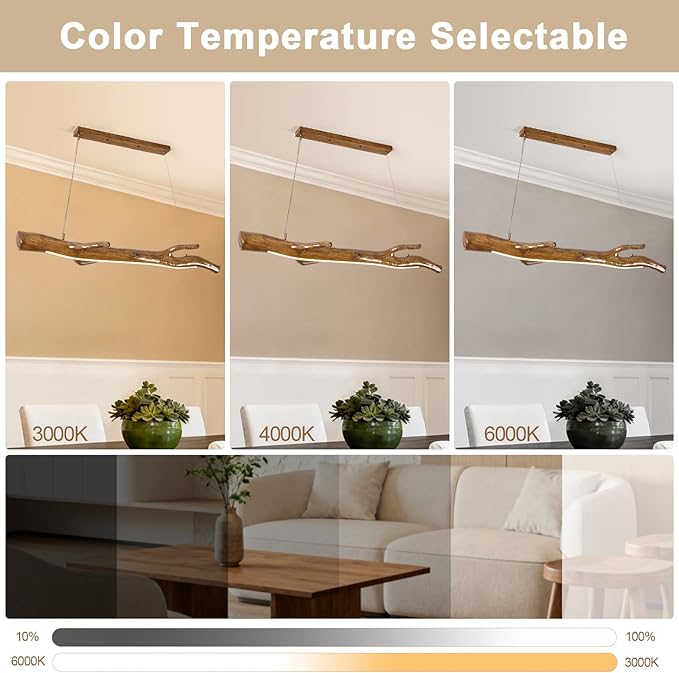 47.3in Wood Linear Pendant with Light,Modern Dimmable Hanging Light Adjustable Kitchen Island Linear Chandelier for Dining Room Bar Pool Table Light Walnut Color