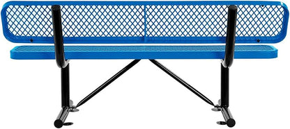 Global Industrial 6'L Heavy Duty Expanded Metal Mesh Bench with Backrest with Steel Frame, Portable Outdoor Bench, 1000 lbs Capacity, Blue, 72" L x 24" W x 33" H
