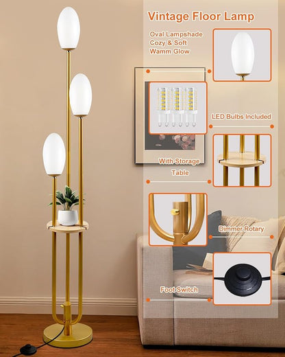 Lightdot Gold Floor Lamp Dimmable with Table, Tall Standing Lamps with 3-Oval Lampshades& LED Bulbs Included, 3000K Warmwhite Mid Century Modern Floor Lamp for Living Room/Sofa Beside/Corner Decor