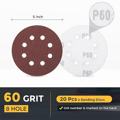 HARFINGTON 20 Pcs 5 Inch Sanding Discs, 60 Grit Hook and Loop Sandpaper, 8-Hole Aluminum Oxide Orbital Sander Sandpaper for Woodworking Automotive Metal Polishing, Red