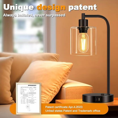 Set of 2 Industrial Touch Control Table Lamps with USB C+A Ports and AC Outlet - 3-Way Dimmable Black Bedside Lamps Nightstand Desk Lamps for Bedroom Living Room, Glass Shade & 2 LED Bulbs Included