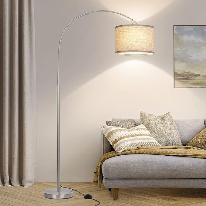 Arc Floor Lamp, Modern Floor Lamp for Living Room with Adjustable Head, Tall Pole Lamp with On/Off Pedal Switch, Over Couch Arched Tall Standing Light for Reading, Bedroom, Office (Silver)