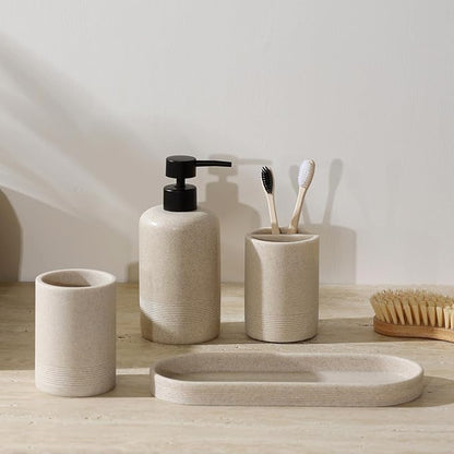 Bathroom Accessories Set, 6 PCS Modern Bathroom Accessory Set with 13.5 OZ Soap Dispenser, Toothbrush Holder, Vanity Tray, Tumbler, 2 PCS Qtip Holders (Beige 4PCS)