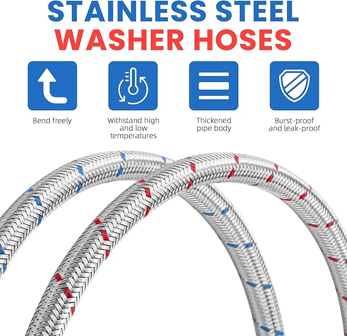 AMI PARTS 4ft Premium Burst-Proof Stainless Steel Washing Machine Hoses With 90 Degree Elbow - Suitable for All Washers - Red and Blue Striped Water Connection Inlet Supply Lines (2 Pack)