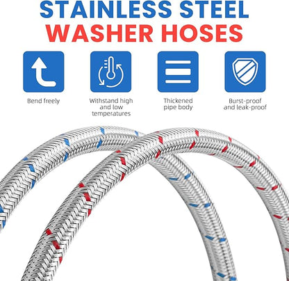 AMI PARTS 4ft Premium Burst-Proof Stainless Steel Washing Machine Hoses With 90 Degree Elbow - Suitable for All Washers - Red and Blue Striped Water Connection Inlet Supply Lines (2 Pack)