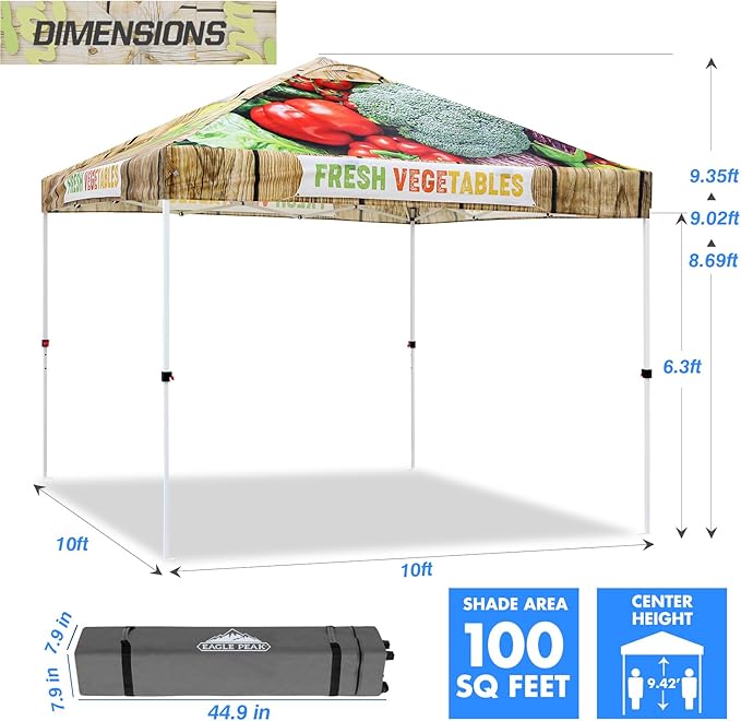 EAGLE PEAK Pop Up Canopy Tent with Wheeled Carry Bag, 8 Stakes, 4 Ropes, 4 Weight Bags, Easy Set Up Tent Canopy, 10x10 ft, 100sqft of Shade, Vegetable Stand