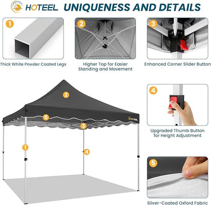 HOTEEL 10x10 Pop Up Canopy, Easy Setup Party Tent with Carry Bag, Weight Bag, Outdoor Portable Event Shelter for Backyard, Market, Black