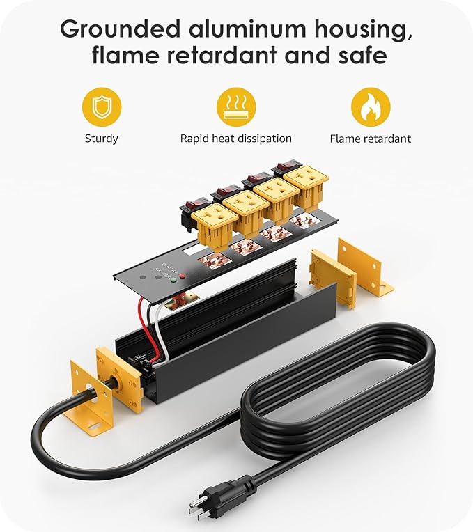 CCCEI Heavy Duty Surge Protector Power Strip 20 Amp Individual Switches. 20FT 12 Gauge Extension Cord with Multiple Outlets. Kitchen, Garage, Shop, Industrial Wall Mount Electric Extender, Yellow.