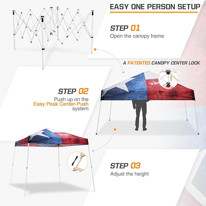 EAGLE PEAK 10x10 Slant Leg Pop-up Canopy Tent Easy One Person Setup Instant Outdoor Beach Canopy Folding Portable Sports Shelter 10x10 Base 8x8 Top (Texas Pride)