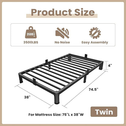 ROIL 4 inch Twin Bed Frames with Round Corner Legs Mattress Retainers 3500LBS Heavy Duty Steel Slats No Box Spring Needed Platform Noise-Free Easy Assembly
