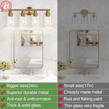 4-Light Bathroom Light Fixtures, Brushed Brass Modern Vanity Lights with Cyan Glass Shades, Bathroom Wall Lamp for Mirror Kitchen Living Room
