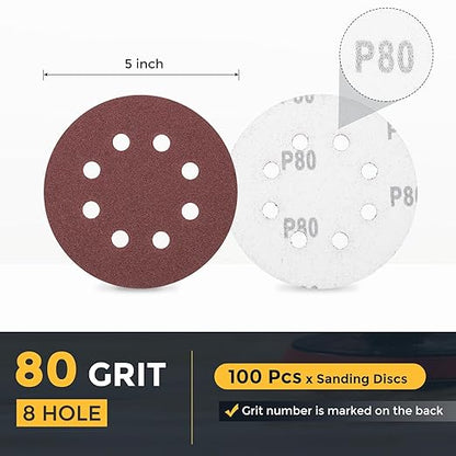 HARFINGTON 100 Pcs 5 Inch Sanding Discs, 80 Grit Hook and Loop Sandpaper, 8-Hole Aluminum Oxide Orbital Sander Sandpaper for Woodworking Automotive Metal Polishing, Red