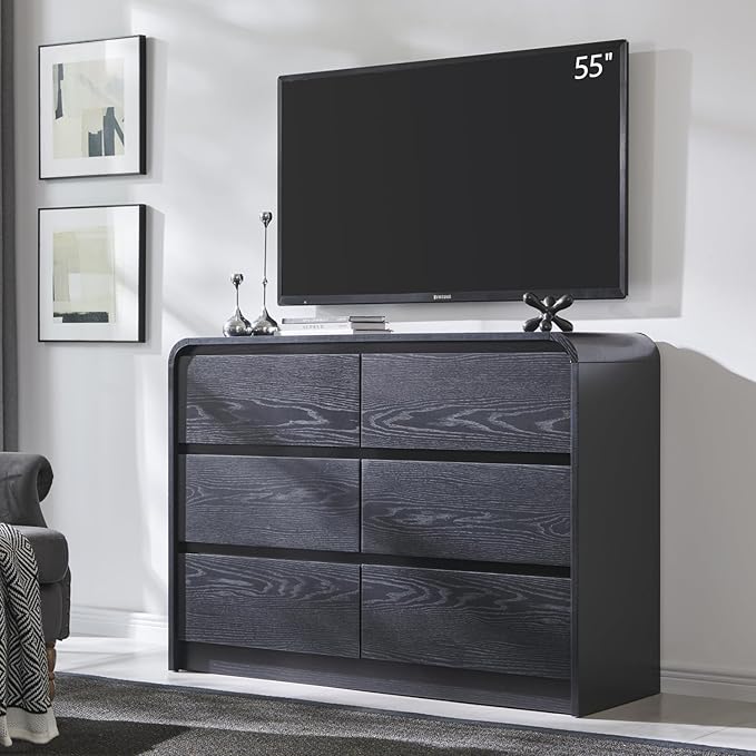 Modern 6 Drawers Dresser for Bedroom, 47" Wide Wood Dressers & Chests of Drawers w/Curved Profile Design, Mid Century Modern Dresser w/Natural Texture for Bedroom, Living Room, Black