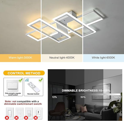 GEADI Modern Dimmable Ceiling Light Fixture,35.4" White LED Flush Mount Ceiling Lights with Remote Control,4 Ring Square Light Fixture for Bedroom Dining Room Living Room Kicthen (80W)