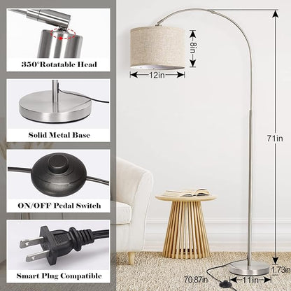 Arc Floor Lamp, Modern Floor Lamp for Living Room with Adjustable Head, Tall Pole Lamp with On/Off Pedal Switch, Over Couch Arched Tall Standing Light for Reading, Bedroom, Office (Silver)