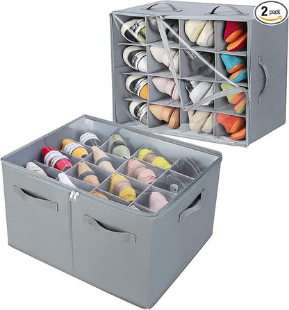 Shoe Organizer for Closet 2 Pack, Foldable Shoe Box with Adjustable Dividers and Clear Cover, Space Saving Shoe Storage Organizer Cabinet with Reinforced Handles, Fits 32 Pairs, Gray, TP12G