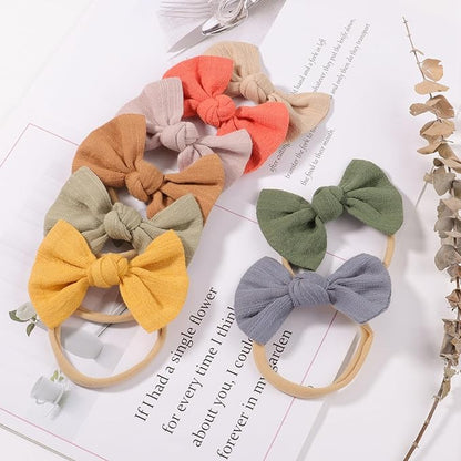 Baby Girl Linen Hair Bow Nylon Headband 12PCS, Soild Color Bow Hair Band, Handmade Head Accessories for Infant Newborn Toddlers Kids