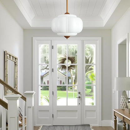 15-Inch Vintage Semi Flush Mount Ceiling Light, Milk Glass Chandelier with Antique Brass Finish, Mid Century Modern Schoolhouse Pendant Light Fixtures for Kitchen, Hallway, Dining Room